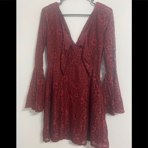 6/$25 burgundy red lace bell sleeve mini dress